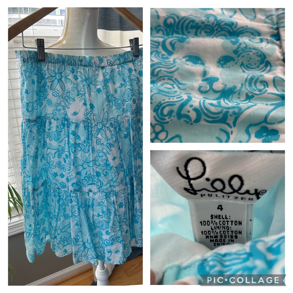 Vintage Lilly Pulitzer Tiered Shopper Skirt in Golden Lion Blue White Floral 4